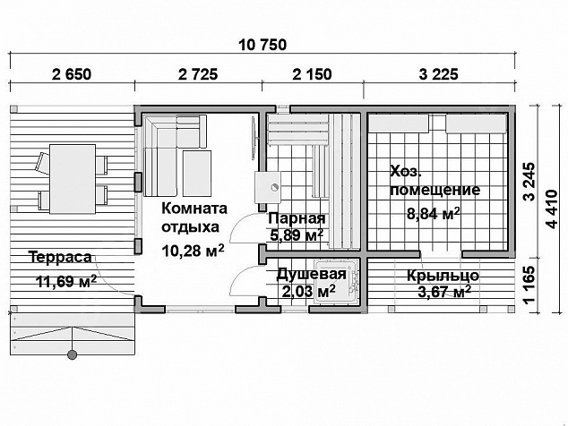 Баня из бруса 10,75х4,41 «Баня 39»